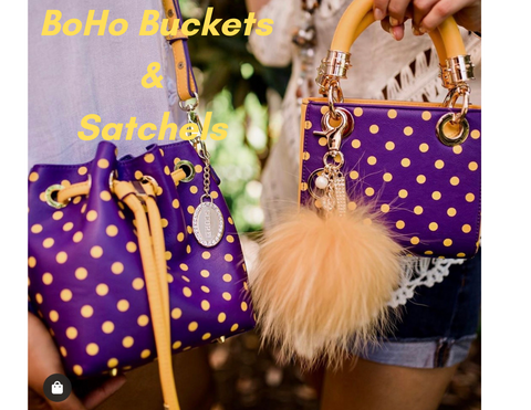 SCORE! Designs  BoHo Buckets and Satchels Delta Phi Epsilon purple and gold
