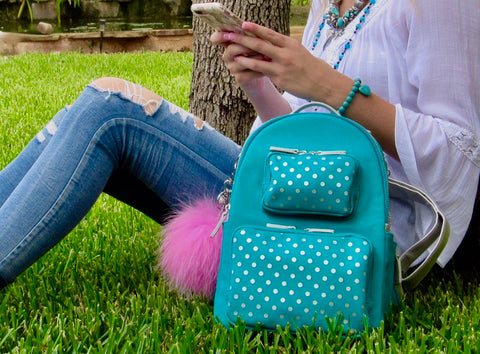  Zeta Tau Alpha backpack by SCORE! Designs in Turquoise and silver polka dots 