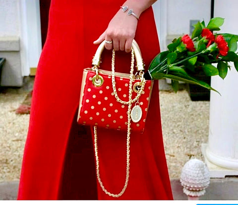 SCORE! Designs Chi Omega Jacqui Satchel in Red and Gold