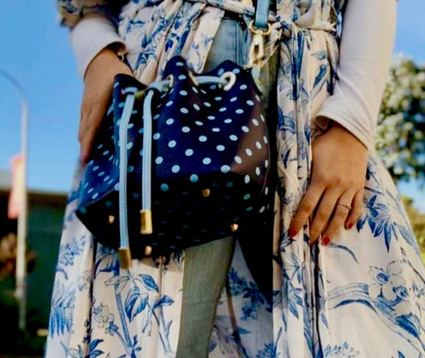 Kappa Kappa Gamma women's bucket bag navy and light blue polka dot crossbody cinch purse SCORE! Designs Collection