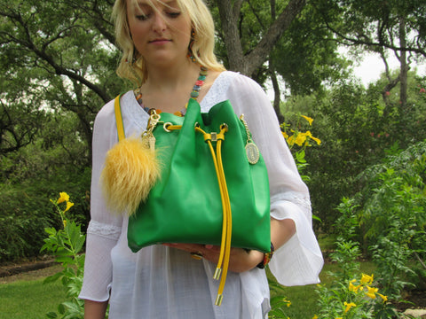 Sigma Alpha large designer bucket bag green and yellow gold SCORE! Designs