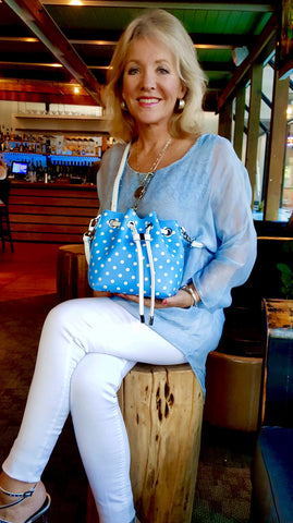  Light Blue and White Sarah Jean Bucket Bag SCORE! Designs 