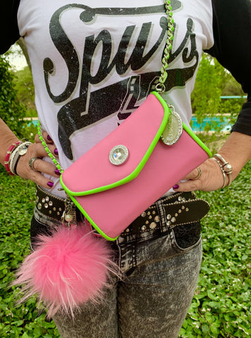 Delta Zeta purse clutch pink and green Designer purse and pink pom-pom