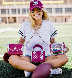 Fun loving SCORE! Game Day Girl with the designer cross body handbag cloth Eva in Maroon and White, Jacqui Satchel and small Chrissy Official Game Day crossbody Bag for Texas A&M Aggies, Sooners,  Alpha Phi, Temple Owls, Mississippi