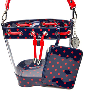 SCORE! Clear Sarah Jean Designer Crossbody Polka Dot Boho Bucket Bag-Blue and Red