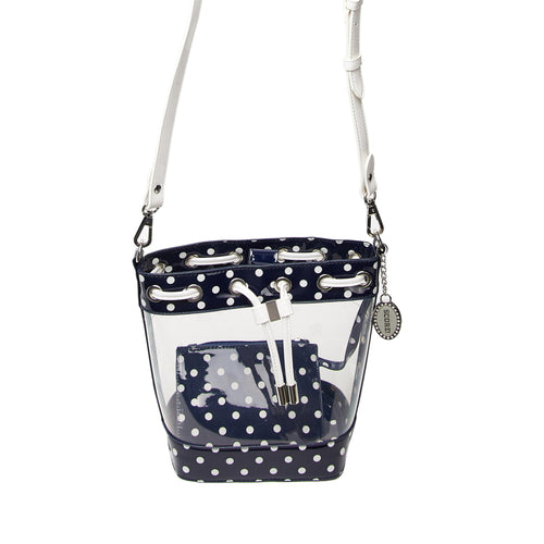 SCORE! Clear Sarah Jean Designer Crossbody Polka Dot Boho Bucket Bag- Navy Blue and White