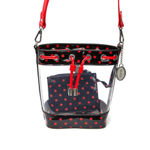 Load image into Gallery viewer, SCORE! Clear Sarah Jean Designer Crossbody Polka Dot Boho Bucket Bag- Black and Red
