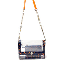 Load image into Gallery viewer, SCORE! Chrissy Medium Designer Clear Cross-body Bag -Navy Blue and Orange
