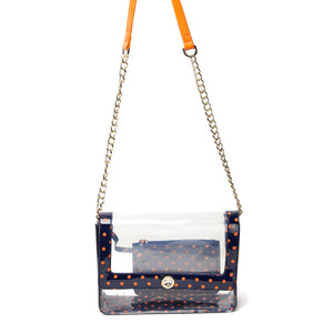 SCORE! Chrissy Medium Designer Clear Cross-body Bag -Navy Blue and Orange