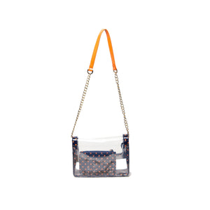 SCORE! Chrissy Medium Designer Clear Cross-body Bag -Navy Blue and Orange
