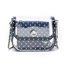 Load image into Gallery viewer, SCORE! Chrissy Small Designer Clear Crossbody Bag - Navy Blue and Lime Green

