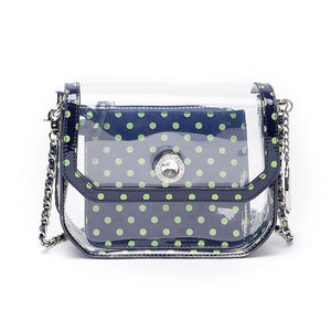 SCORE! Chrissy Small Designer Clear Crossbody Bag - Navy Blue and Lime Green