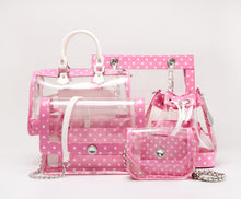 Load image into Gallery viewer, SCORE! Clear Sarah Jean Designer Crossbody Polka Dot Boho Bucket Bag-Pink and White
