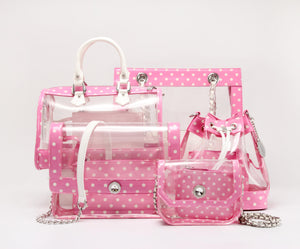 SCORE! Clear Sarah Jean Designer Crossbody Polka Dot Boho Bucket Bag-Pink and White