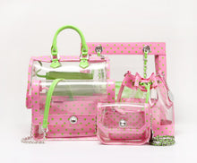 Load image into Gallery viewer, SCORE! Clear Sarah Jean Designer Crossbody Polka Dot Boho Bucket Bag-Pink and Lime Green
