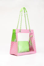 Load image into Gallery viewer, SCORE! Andrea Large Clear Designer Tote for School, Work, Travel - Pink and Lime Green
