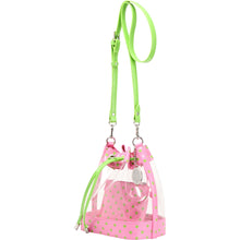 Load image into Gallery viewer, SCORE! Clear Sarah Jean Designer Crossbody Polka Dot Boho Bucket Bag-Pink and Lime Green
