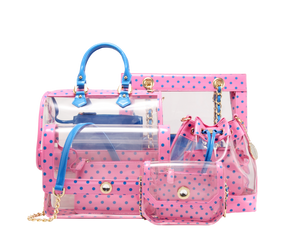 SCORE! Clear Sarah Jean Designer Crossbody Polka Dot Boho Bucket Bag-Pink and Blue