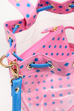 Load image into Gallery viewer, SCORE! Clear Sarah Jean Designer Crossbody Polka Dot Boho Bucket Bag-Pink and Blue
