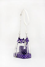 Load image into Gallery viewer, SCORE! Clear Sarah Jean Designer Crossbody Polka Dot Boho Bucket Bag-Purple and White
