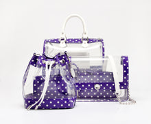Load image into Gallery viewer, SCORE! Clear Sarah Jean Designer Crossbody Polka Dot Boho Bucket Bag-Purple and White
