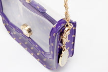 Load image into Gallery viewer, SCORE! Chrissy Small Designer Clear Crossbody Bag - Purple and Gold Gold
