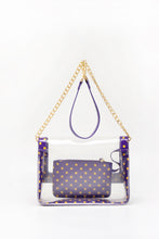 Load image into Gallery viewer, SCORE! Chrissy Medium Designer Clear Cross-body Bag - Royal Purple and  Yellow Gold
