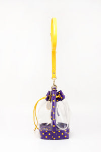 SCORE! Clear Sarah Jean Designer Crossbody Polka Dot Boho Bucket Bag-Purple and Gold Yellow