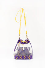 Load image into Gallery viewer, SCORE! Clear Sarah Jean Designer Crossbody Polka Dot Boho Bucket Bag-Purple and Gold Yellow
