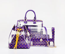Load image into Gallery viewer, SCORE! Chrissy Small Designer Clear Crossbody Bag - Purple and Gold Yellow
