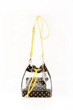 Load image into Gallery viewer, SCORE! Clear Sarah Jean Designer Crossbody Polka Dot Boho Bucket Bag- Black and Gold Yellow

