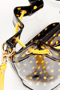 SCORE! Clear Sarah Jean Designer Crossbody Polka Dot Boho Bucket Bag- Black and Gold Yellow