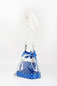 SCORE! Clear Sarah Jean Designer Crossbody Polka Dot Boho Bucket Bag-Royal Blue and White