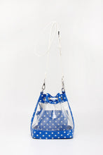 Load image into Gallery viewer, SCORE! Clear Sarah Jean Designer Crossbody Polka Dot Boho Bucket Bag-Royal Blue and White
