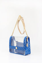 Load image into Gallery viewer, SCORE! Chrissy Medium Designer Clear Cross-body Bag -Imperial Blue and Metallic Gold
