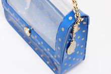 Load image into Gallery viewer, SCORE! Chrissy Medium Designer Clear Cross-body Bag -Imperial Blue and Metallic Gold
