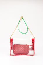 Load image into Gallery viewer, SCORE! Chrissy Medium Designer Clear Cross-body Bag -- Red, Gold and Fern Green
