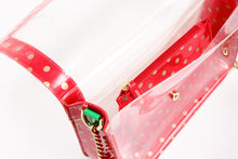 Load image into Gallery viewer, SCORE! Chrissy Medium Designer Clear Cross-body Bag -- Red, Gold and Fern Green
