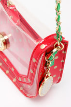 Load image into Gallery viewer, SCORE! Chrissy Small Designer Clear Crossbody Bag - Red, Gold and Green
