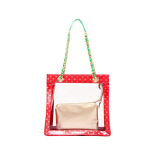 Load image into Gallery viewer, SCORE! Andrea Large Clear Designer Tote for School, Work, Travel- Racing Red, Metallic Gold and Fern Green
