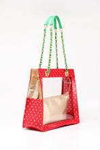 Load image into Gallery viewer, SCORE! Andrea Large Clear Designer Tote for School, Work, Travel- Racing Red, Metallic Gold and Fern Green
