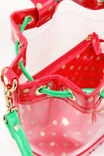 Load image into Gallery viewer, SCORE! Clear Sarah Jean Designer Crossbody Polka Dot Boho Bucket Bag-Red, Gold and Green
