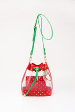 Load image into Gallery viewer, SCORE! Clear Sarah Jean Designer Crossbody Polka Dot Boho Bucket Bag-Red, Gold and Green
