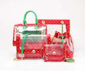 SCORE! Chrissy Medium Designer Clear Cross-body Bag -- Red, Gold and Fern Green