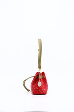 Load image into Gallery viewer, SCORE! Sarah Jean Small Crossbody Polka dot BoHo Bucket Bag - Red and Olive Green
