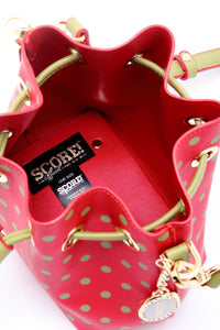 SCORE! Sarah Jean Small Crossbody Polka dot BoHo Bucket Bag - Red and Olive Green