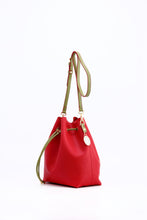 Load image into Gallery viewer, SCORE! Sarah Jean Crossbody Large BoHo Bucket Bag - Red and Olive Green
