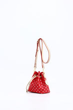Load image into Gallery viewer, SCORE! Sarah Jean Small Crossbody Polka Dot BoHo Bucket Bag - Red and Gold
