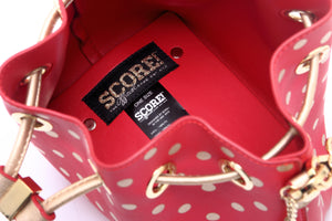 SCORE! Sarah Jean Small Crossbody Polka Dot BoHo Bucket Bag - Red and Gold