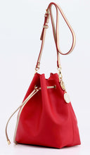 Load image into Gallery viewer, SCORE! Sarah Jean Crossbody Large BoHo Bucket Bag - Red and Gold
